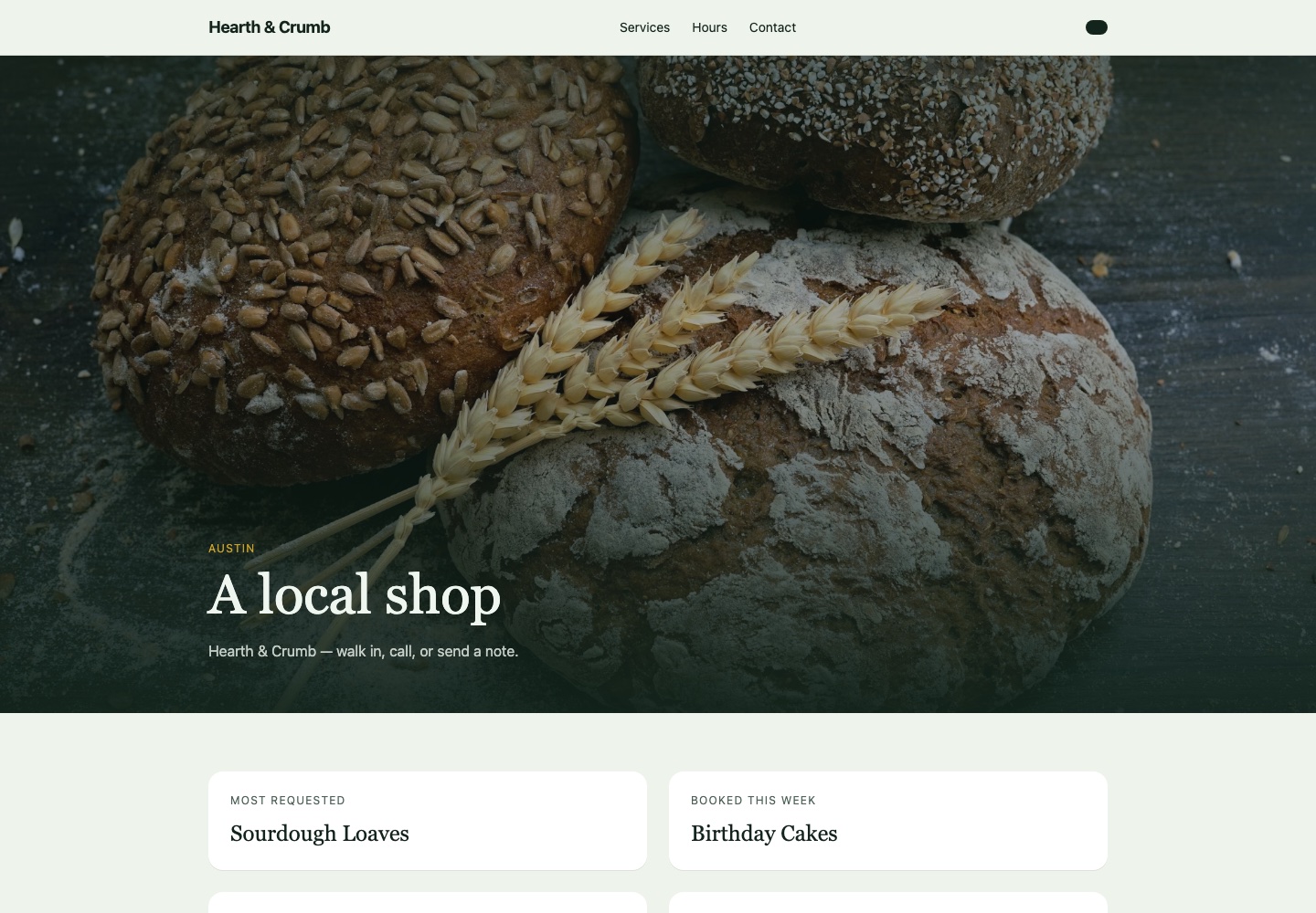 Screenshot of the Hearth & Crumb bakery website built with Dropigem